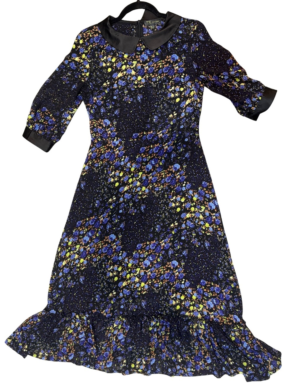 Black Floral Midi Dress with Peter Pan Collar